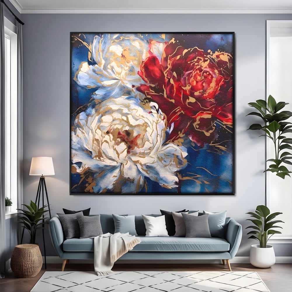 Tablou canvas cu tablou canvas cu trei bujori si foita aurie, in rama de aluminiu negru, pe perete intr-un living